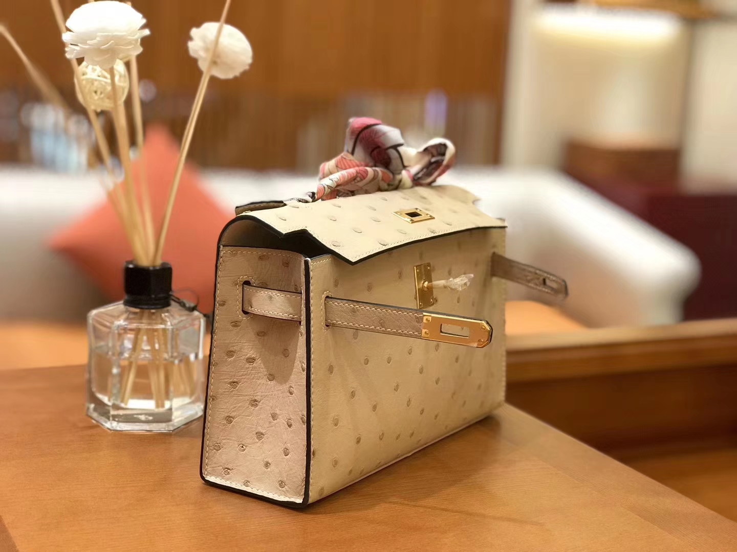 Hermès（爱马仕）miniKelly 迷你凯莉 羊毛白 杏色 南非kk级鸵鸟皮 金扣 22cm