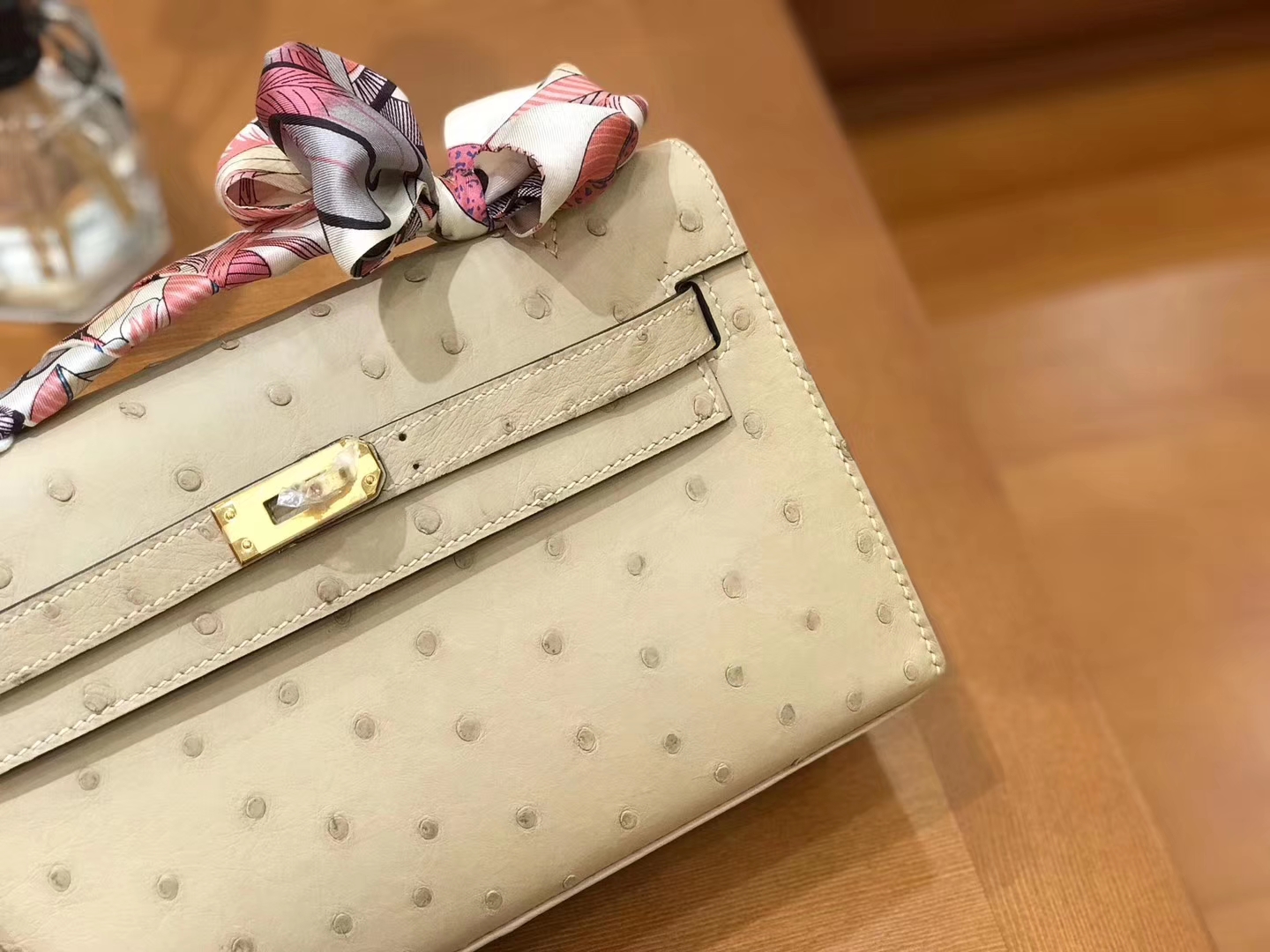 Hermès（爱马仕）miniKelly 迷你凯莉 羊毛白 杏色 南非kk级鸵鸟皮 金扣 22cm