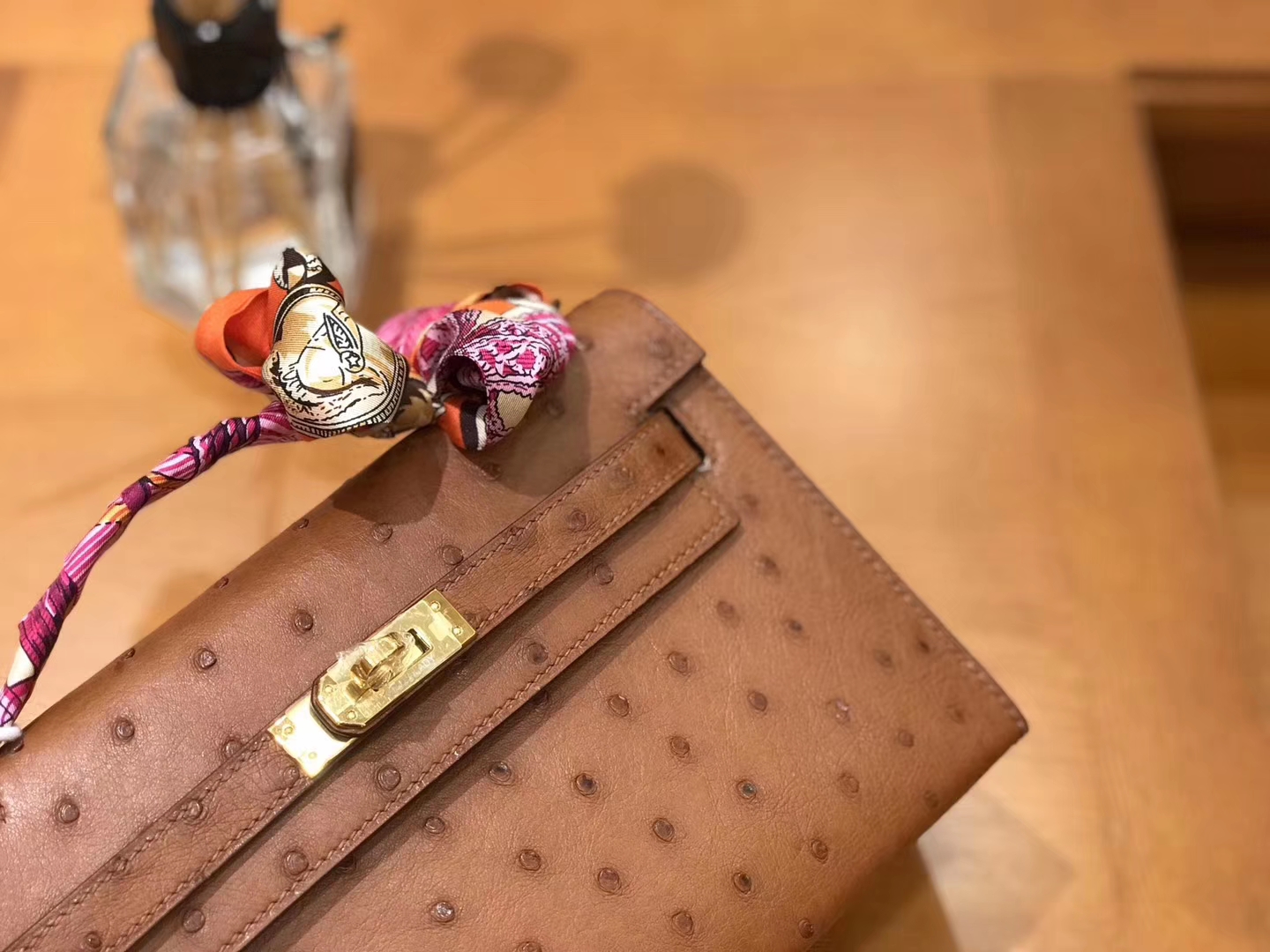 Hermès（爱马仕）miniKelly 迷你凯莉 焦糖棕 南非kk级鸵鸟皮 金扣 22cm