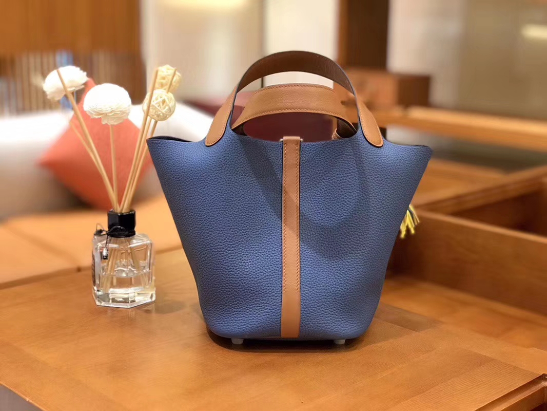 Hermès（爱马仕）Picotin 菜篮包 Swift金棕拼TC大牛 玛瑙蓝 银扣 18cm