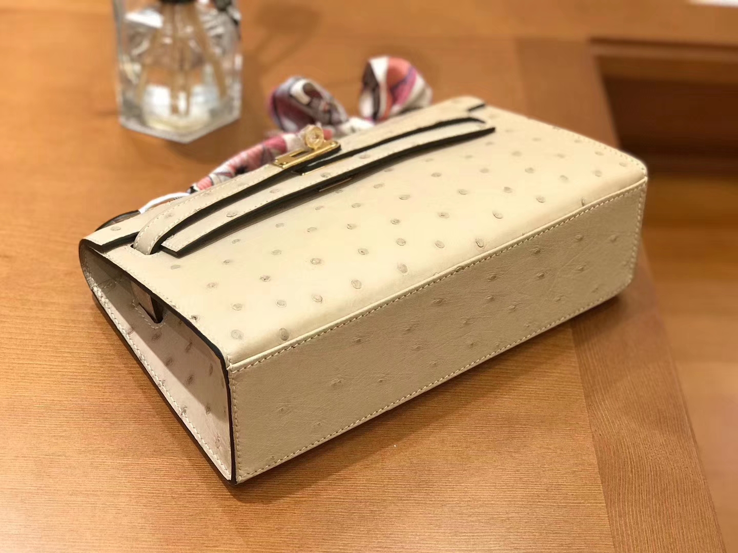 Hermès（爱马仕）miniKelly 迷你凯莉 羊毛白 杏色 南非kk级鸵鸟皮 金扣 22cm