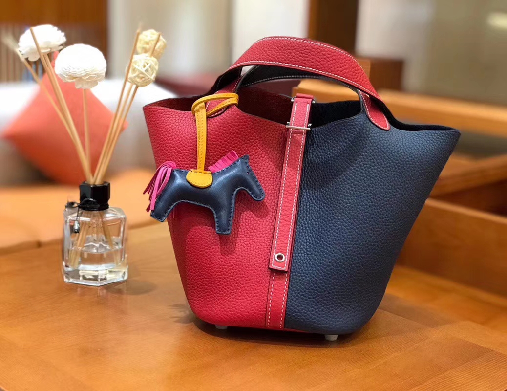 Hermès（爱马仕）Picotin 菜篮包 芍药红拼午夜蓝 TC大牛皮 银扣 18cm