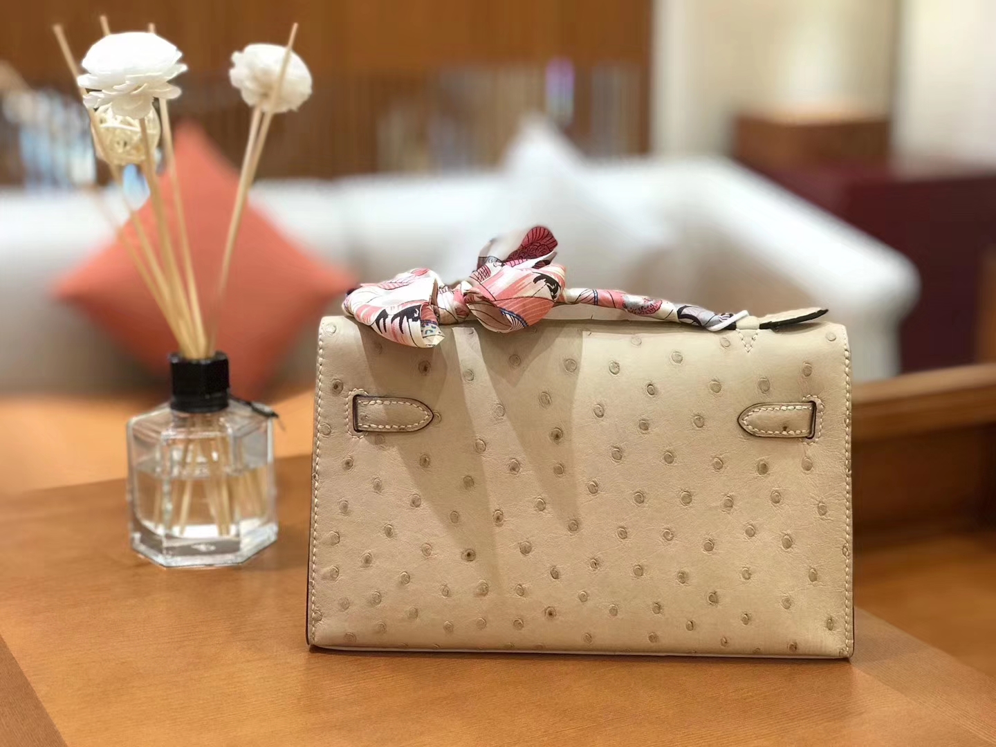 Hermès（爱马仕）miniKelly 迷你凯莉 羊毛白 杏色 南非kk级鸵鸟皮 金扣 22cm