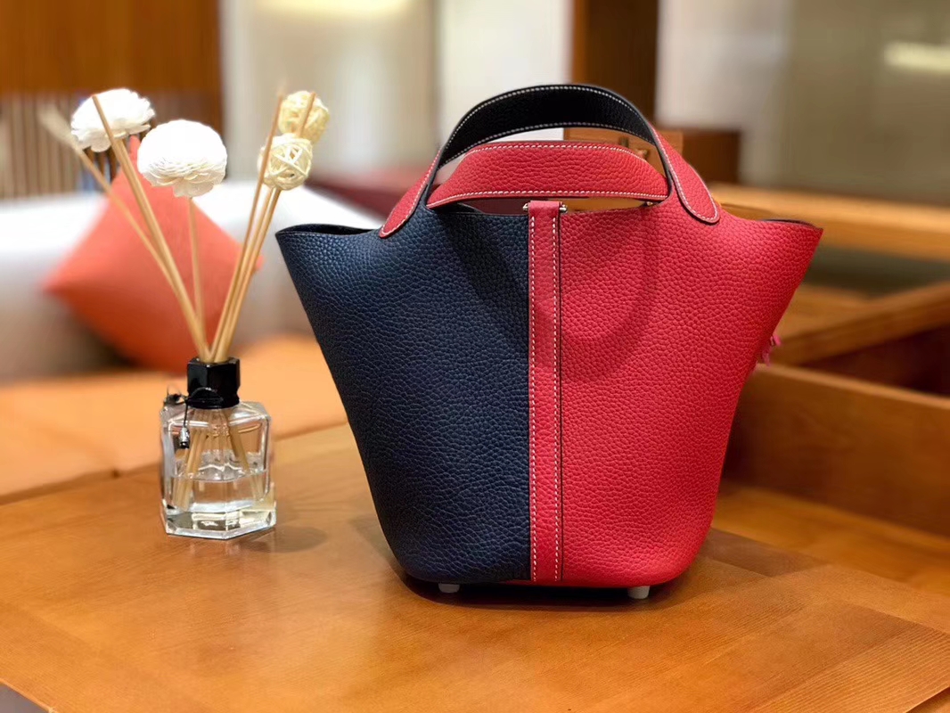 Hermès（爱马仕）Picotin 菜篮包 芍药红拼午夜蓝 TC大牛皮 银扣 18cm