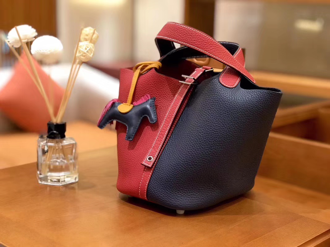 Hermès（爱马仕）Picotin 菜篮包 芍药红拼午夜蓝 TC大牛皮 银扣 18cm