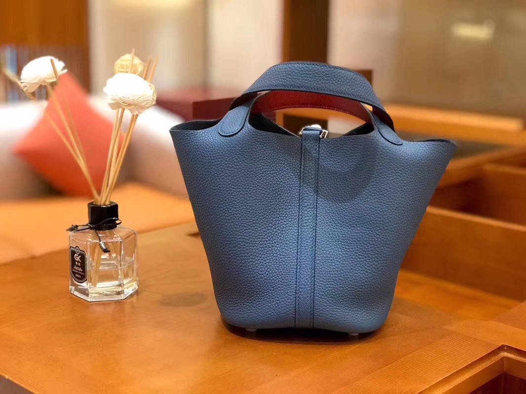 Hermès（爱马仕）Picotin 菜篮包 TC玛瑙蓝内拼swift红 银扣 18cm