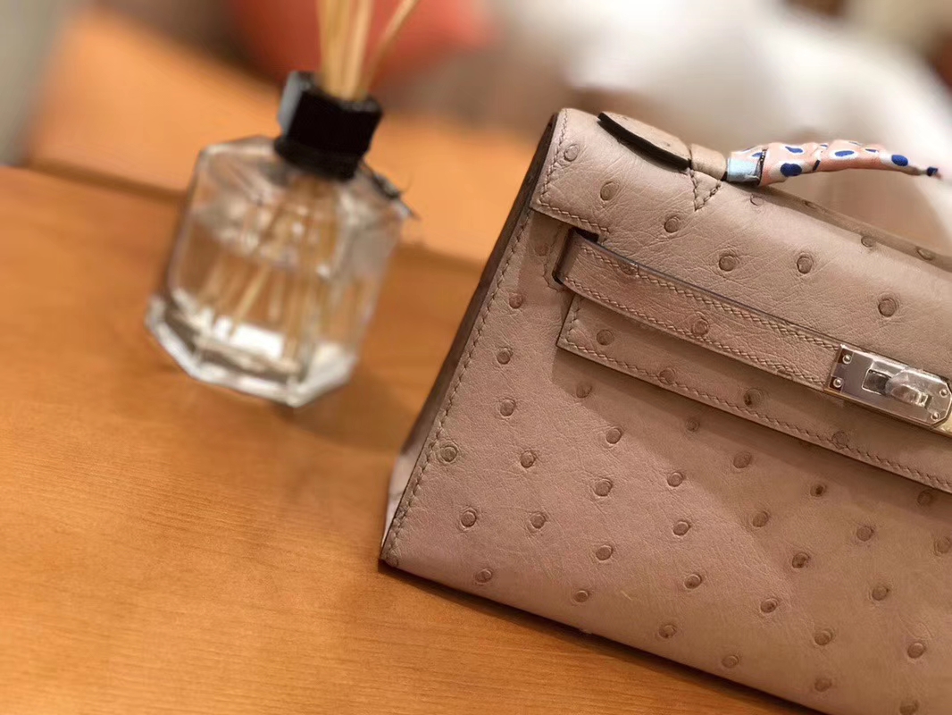 Hermès（爱马仕）Mini Kelly迷你凯莉 斑鸠灰 南非kk级鸵鸟皮 臻品级别 1代 银扣 22cm