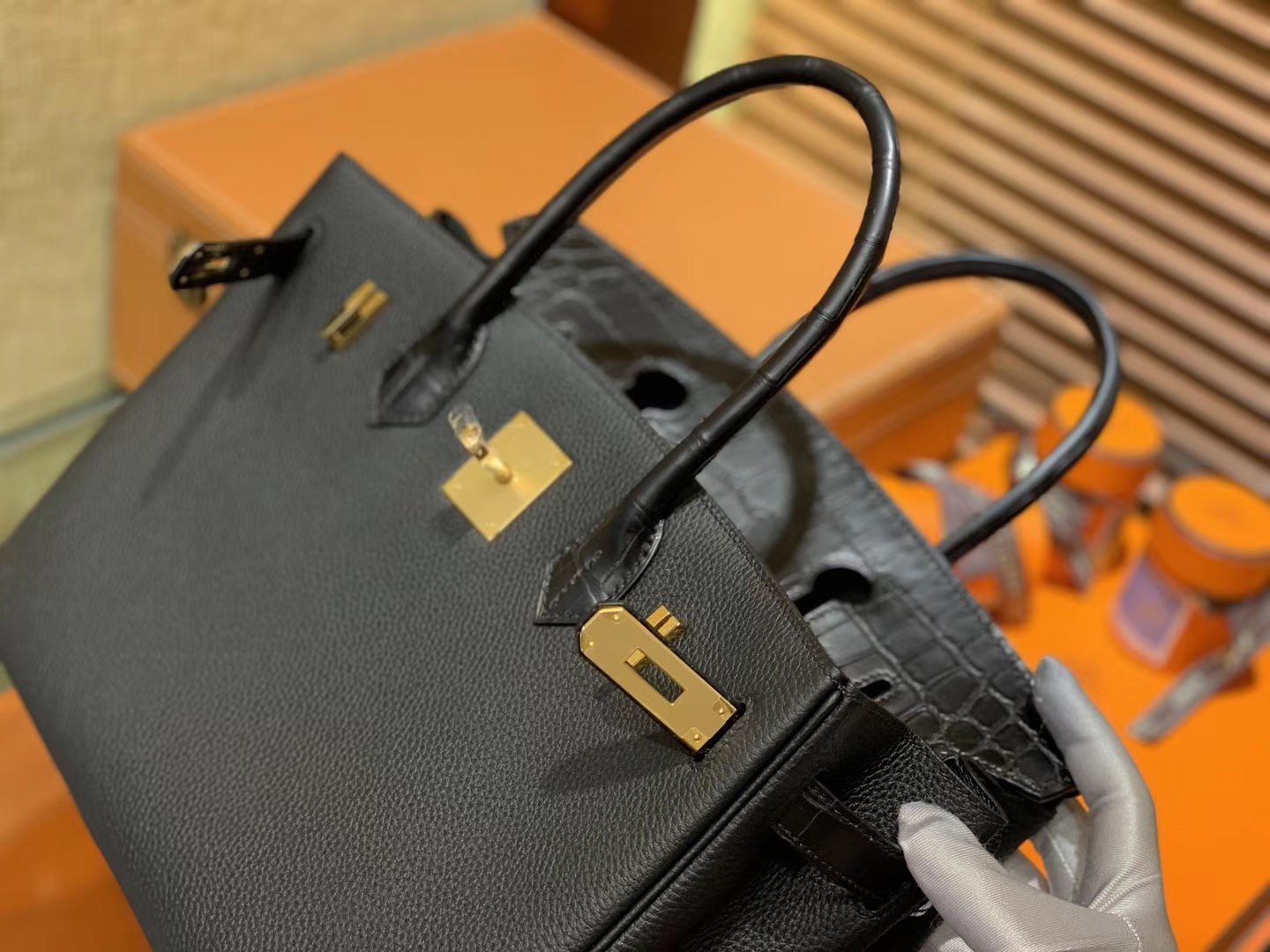 Hermès（爱马仕）Birkin 铂金包 经典黑 鳄鱼皮拼德国togo牛皮 全手工缝制 金扣 30cm