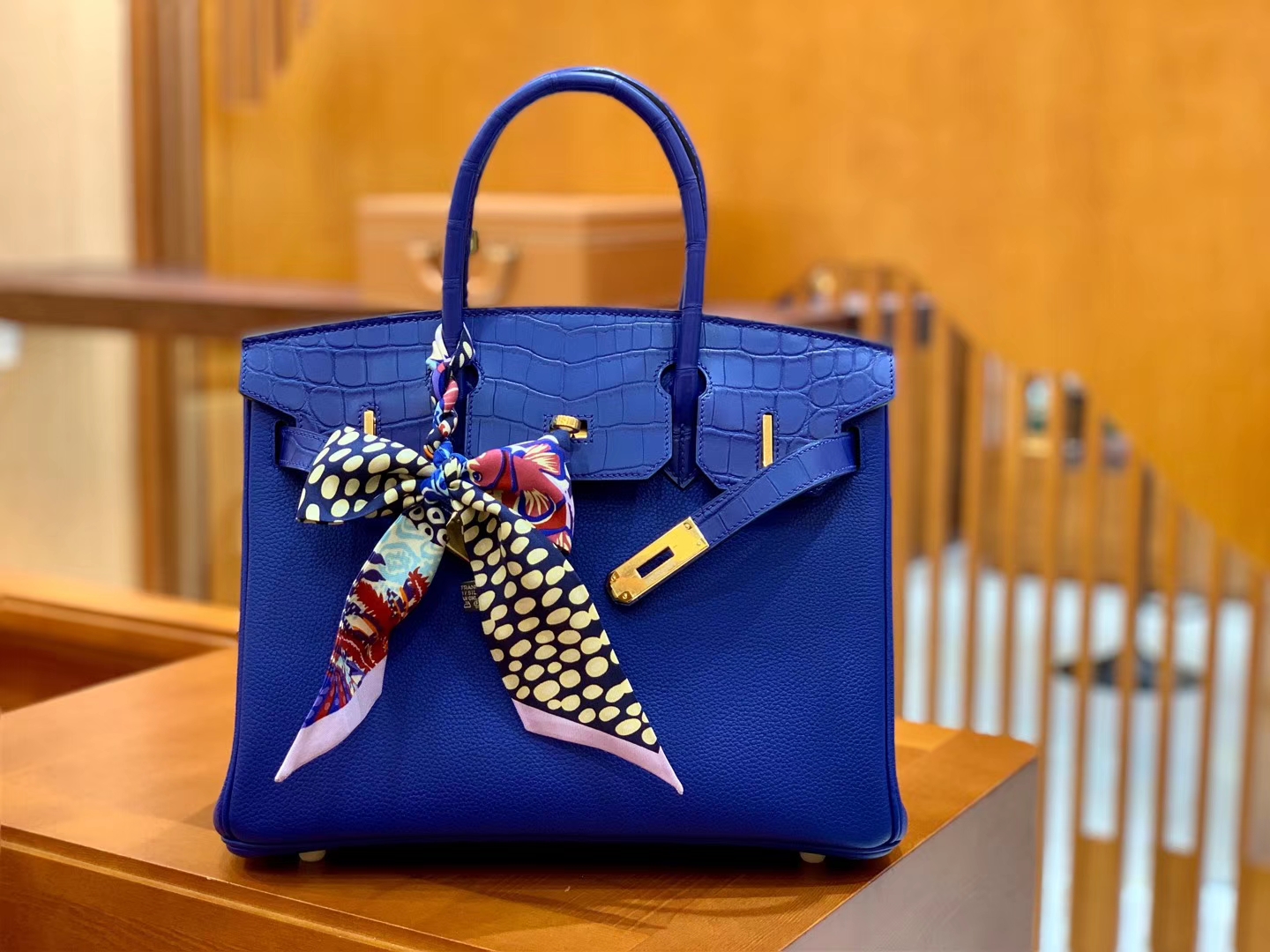 Hermès（爱马仕）Birkin Touch 铂金包 琉璃蓝 鳄鱼皮拼德国togo牛皮 全手工缝制 金扣 30cm