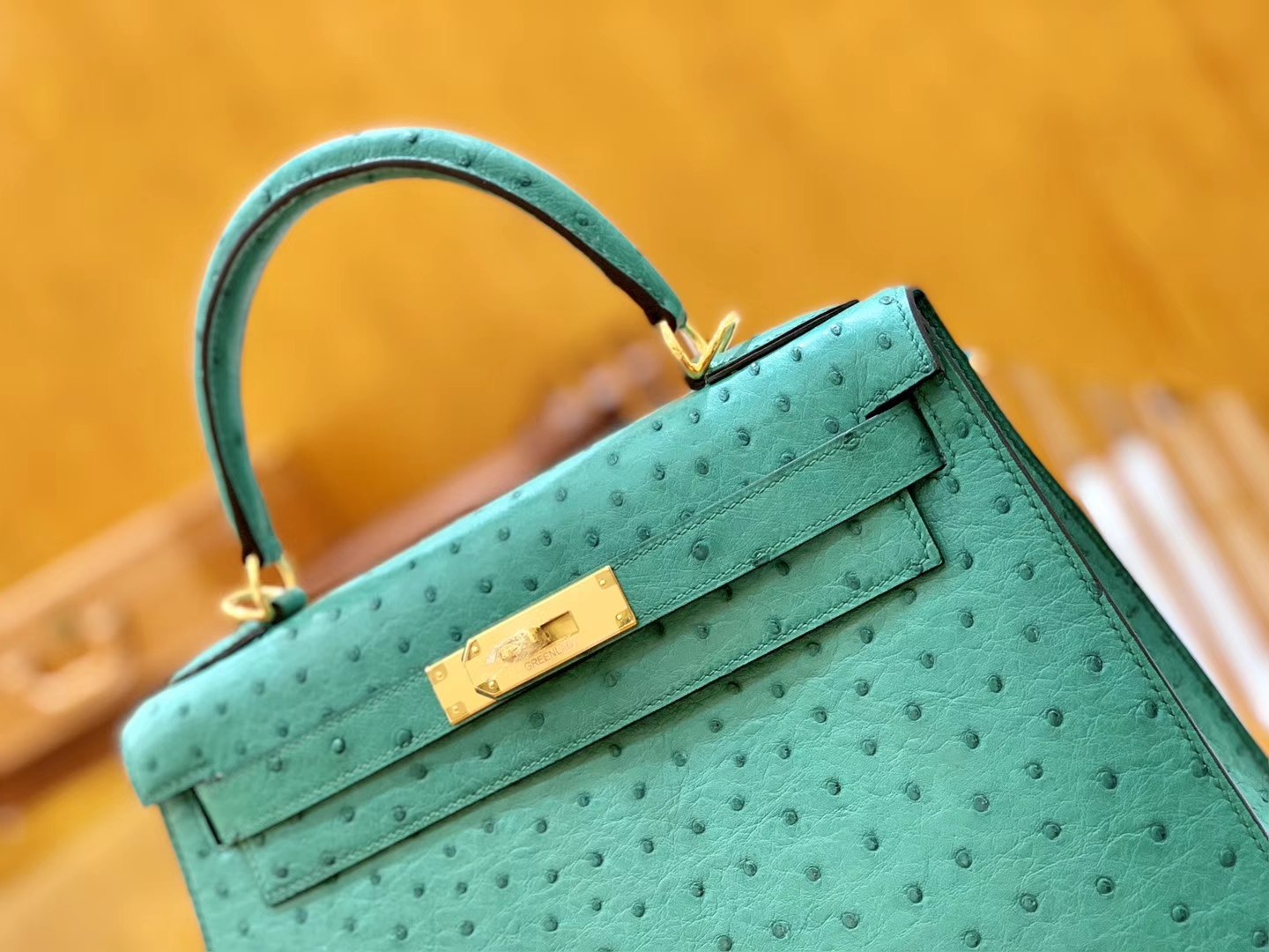 Hermès（爱马仕）Kelly 28cm 湖水绿 金扣 南非KK鸵鸟皮 全手工缝制