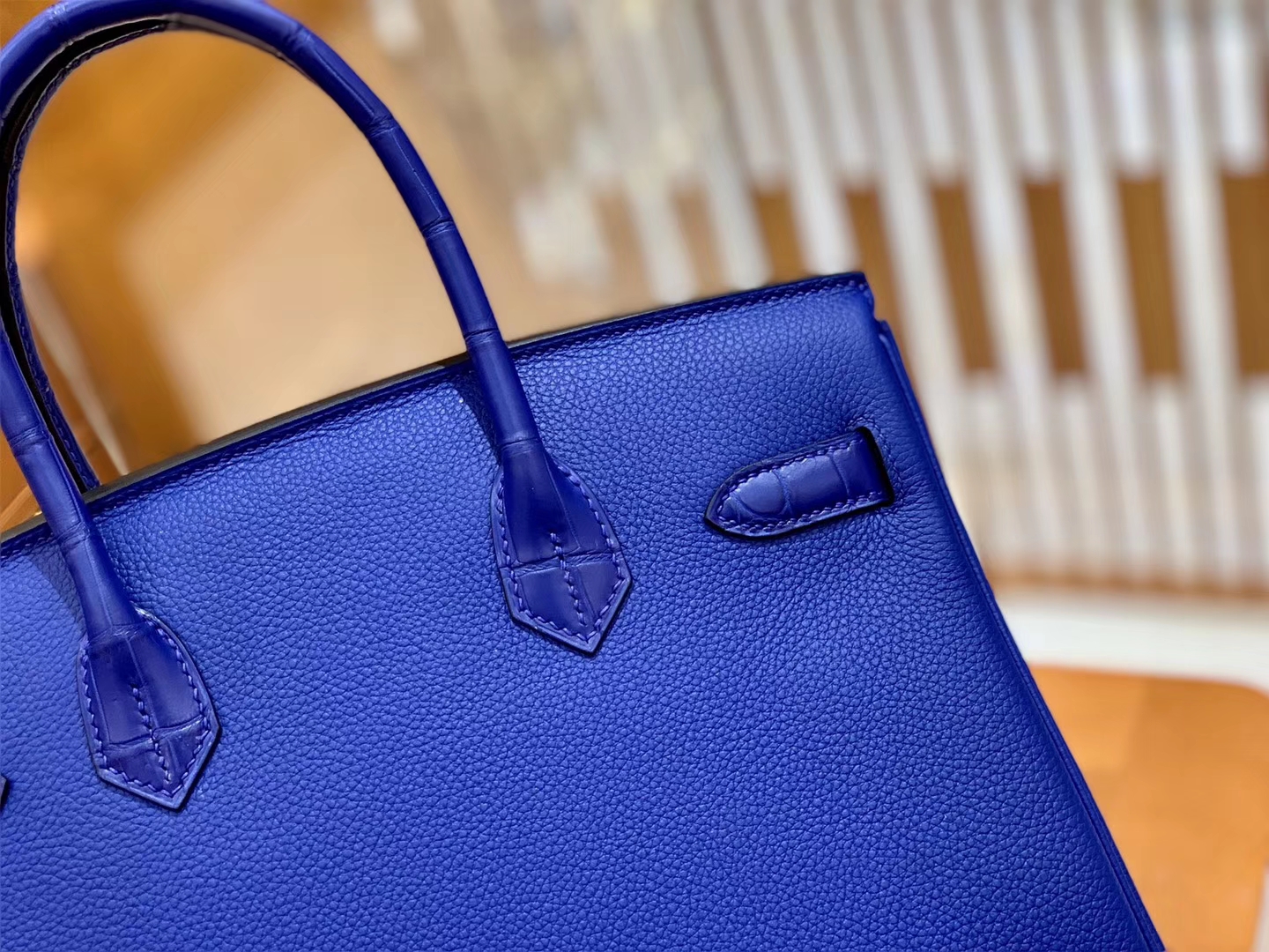 Hermès（爱马仕）Birkin Touch 铂金包 琉璃蓝 鳄鱼皮拼德国togo牛皮 全手工缝制 金扣 30cm
