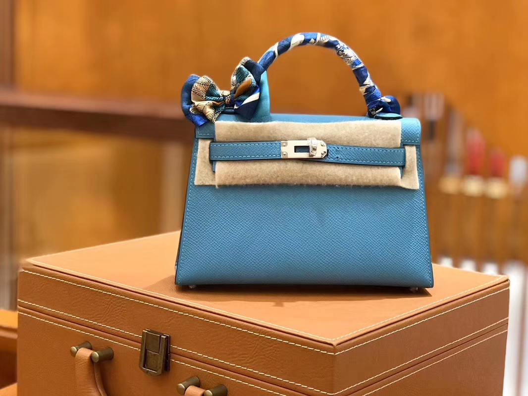 Hermès（爱马仕）Mini kelly 迷你凯莉 北方蓝 掌纹小牛皮 全手工缝制 臻品级别 银扣 19cm 现货