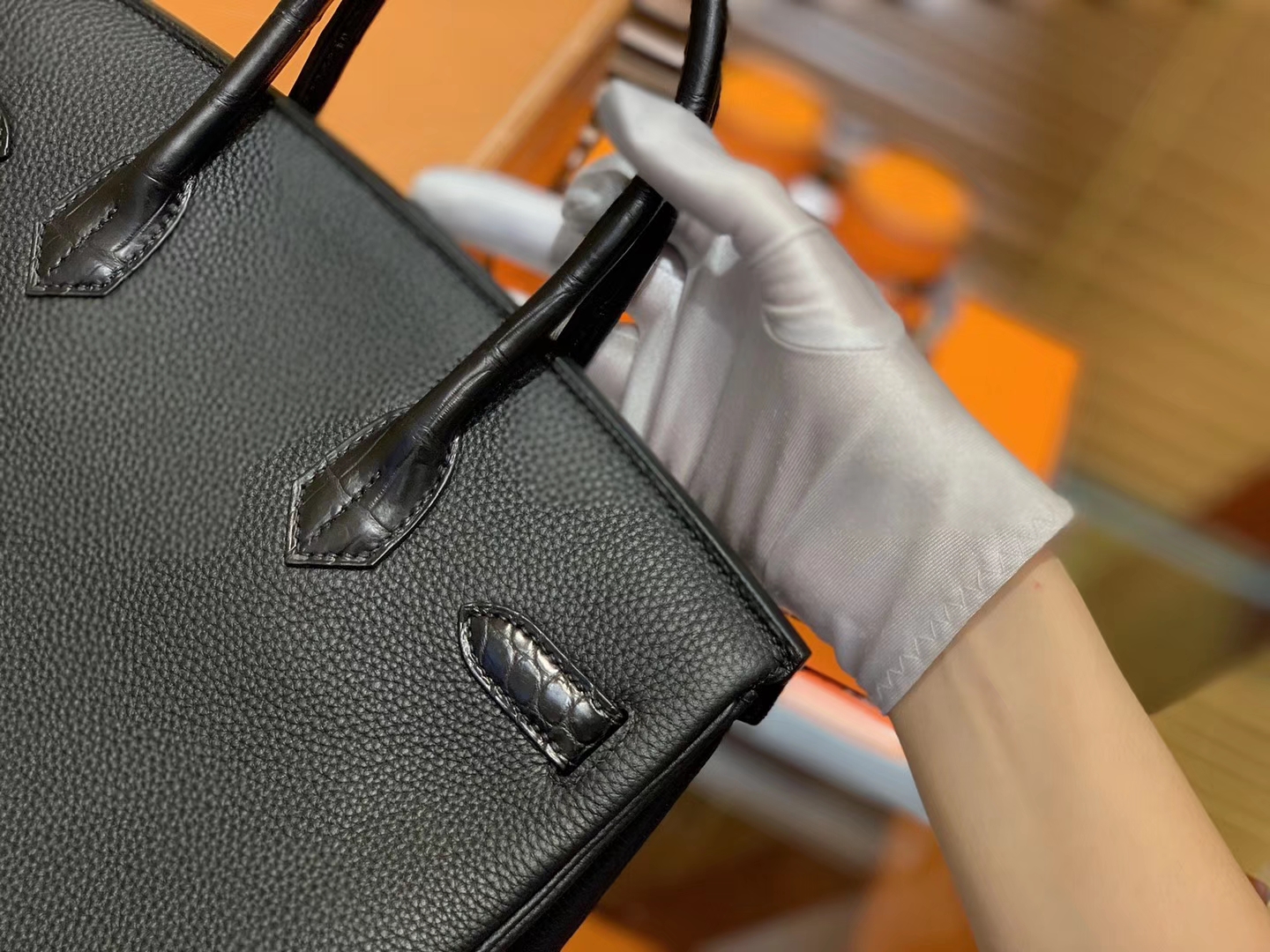 Hermès（爱马仕）Birkin 铂金包 经典黑 鳄鱼皮拼德国togo牛皮 全手工缝制 金扣 30cm