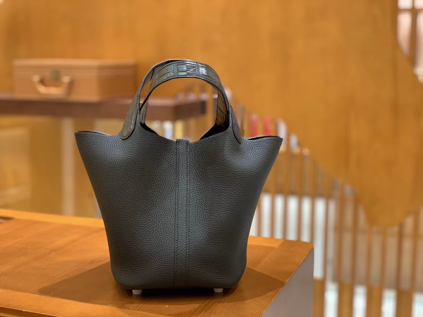 Hermès（爱马仕）Piction 18cm 经典黑 银扣 鳄鱼皮拼牛皮 全手工缝制 现货