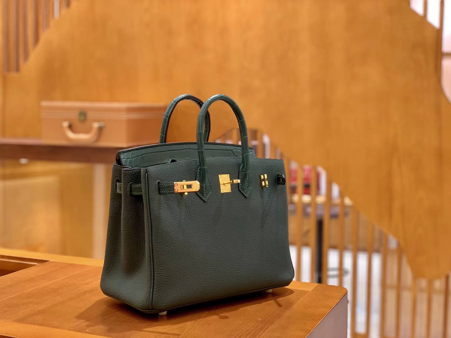 Hermès（爱马仕）Birkin 铂金包 松林绿 Touch 牛皮拼鳄鱼皮 金扣 25cm