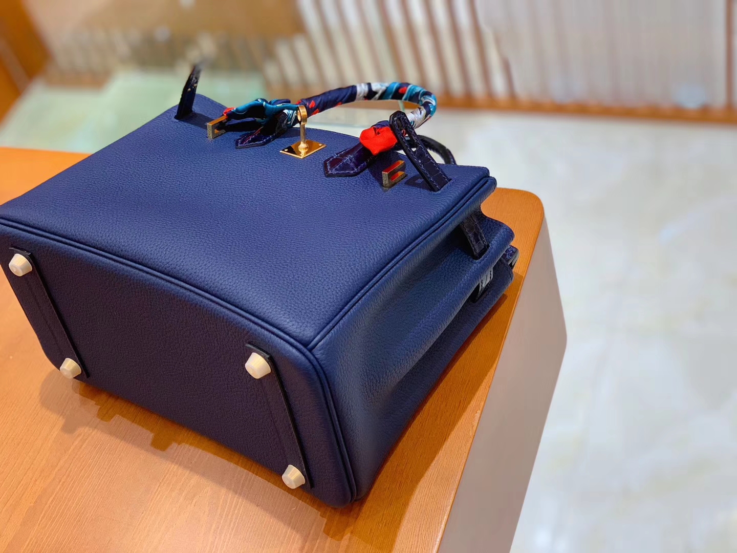 Hermès（爱马仕）Birkin Touch 铂金包 深蓝色 牛皮拼鳄鱼皮 金扣 25cm