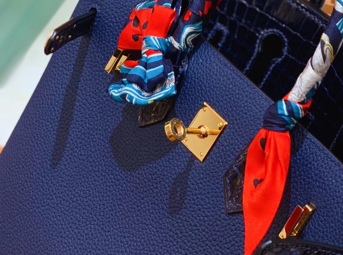 Hermès（爱马仕）Birkin Touch 铂金包 深蓝色 牛皮拼鳄鱼皮 金扣 25cm