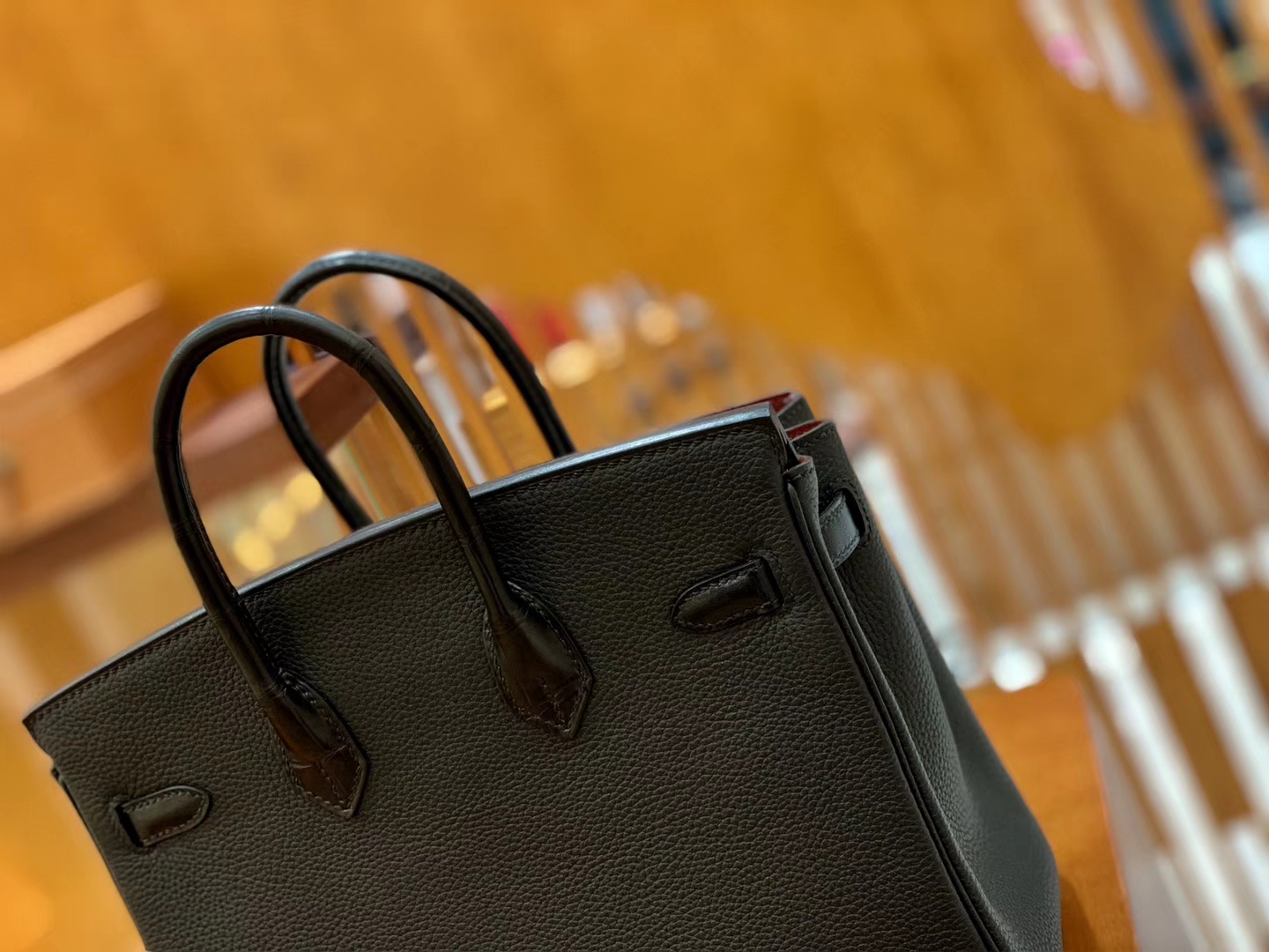 Hermès（爱马仕）Birkin Touch 铂金包 经典黑 拼 祖母绿 牛皮拼鳄鱼皮 金扣 25cm