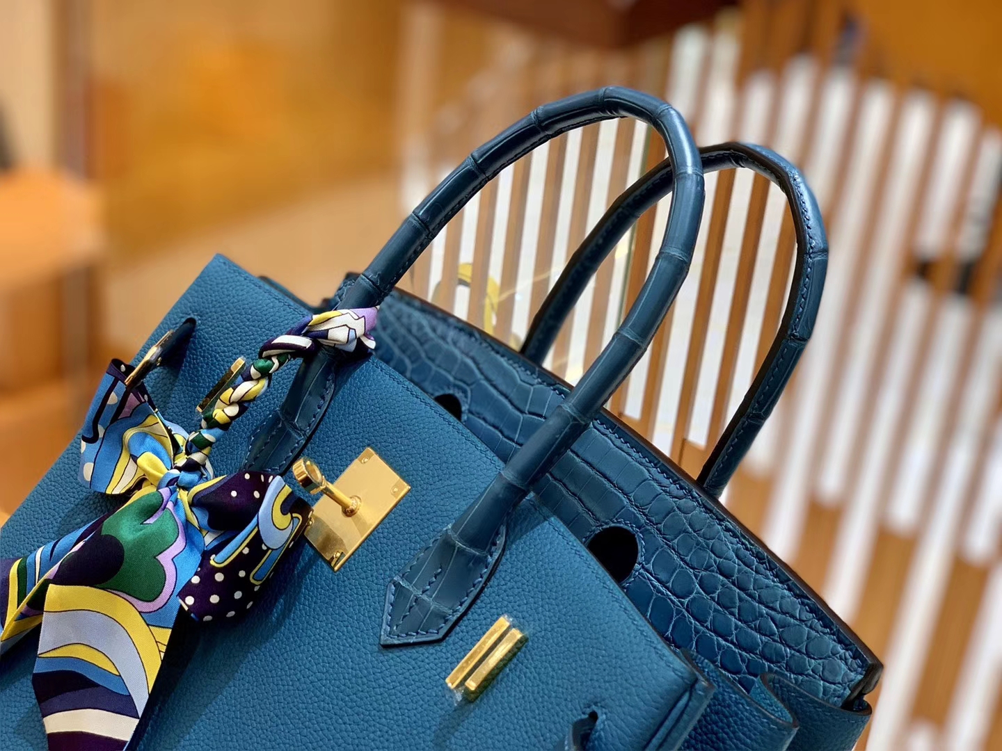 Hermès（爱马仕）Birkin Touch 铂金包 祖母蓝 Touch 牛皮拼鳄鱼皮 金扣 25cm