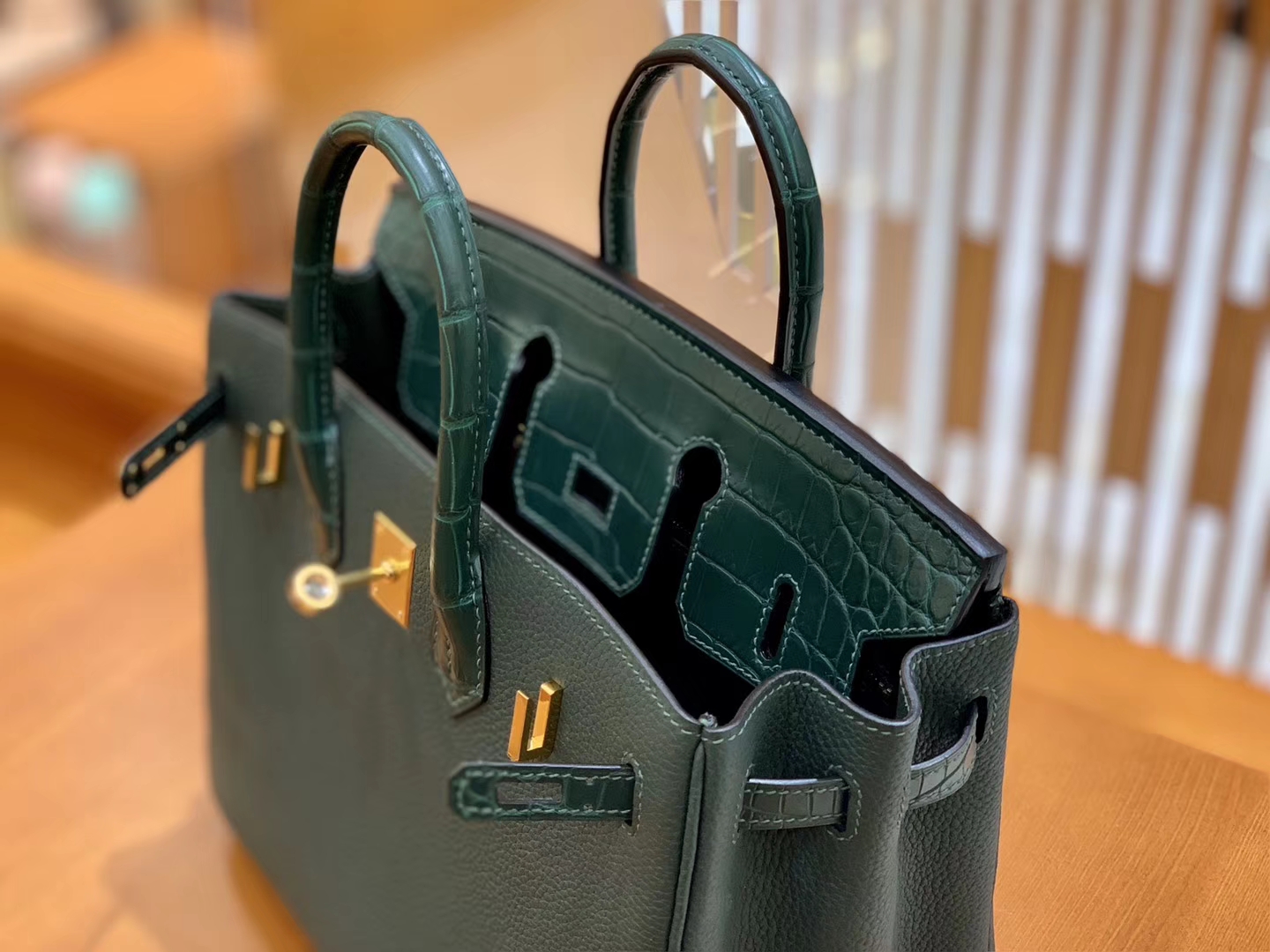 Hermès（爱马仕）Birkin 铂金包 松林绿 Touch 牛皮拼鳄鱼皮 金扣 25cm
