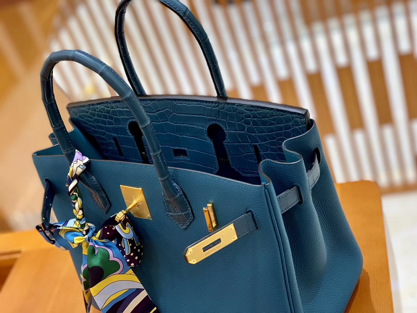 Hermès（爱马仕）Birkin Touch 铂金包 祖母蓝 Touch 牛皮拼鳄鱼皮 金扣 25cm