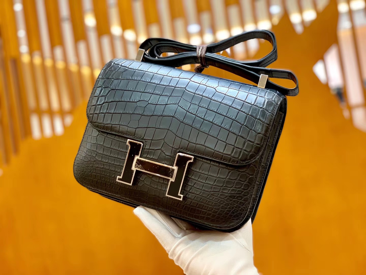 Hermès（爱马仕）Constance 空姐包 尼罗鳄鱼 康斯坦 黑珐琅 24cm