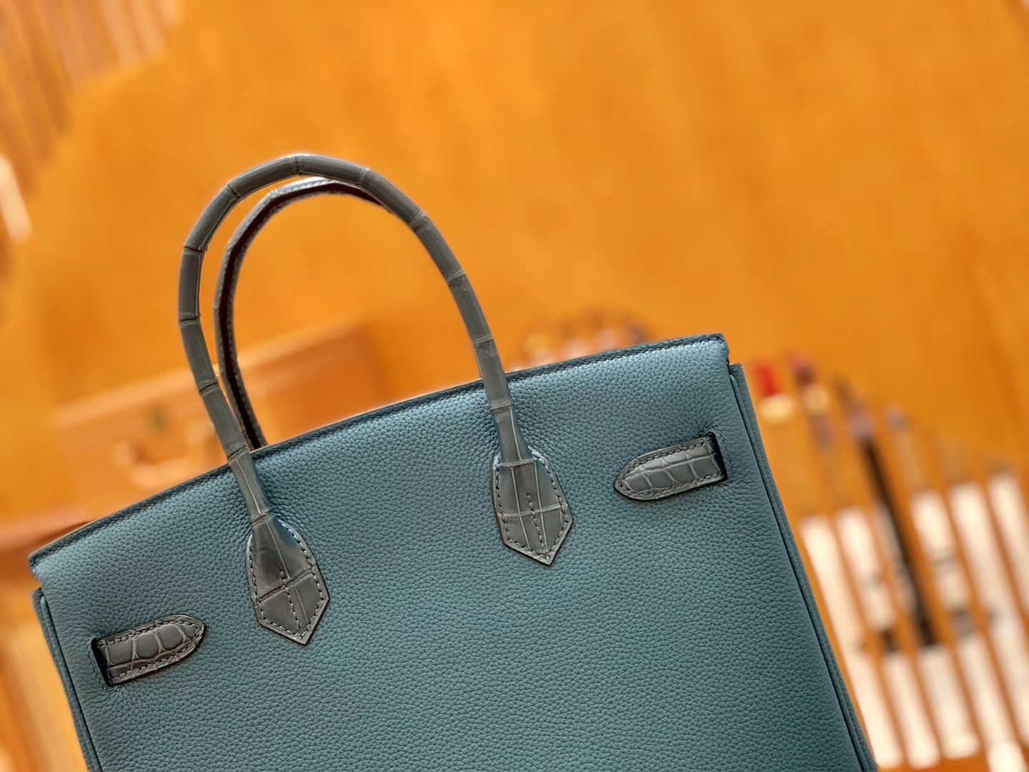 Hermès（爱马仕）Birkin Touch 铂金包 祖母蓝 Touch 牛皮拼鳄鱼皮 金扣 25cm