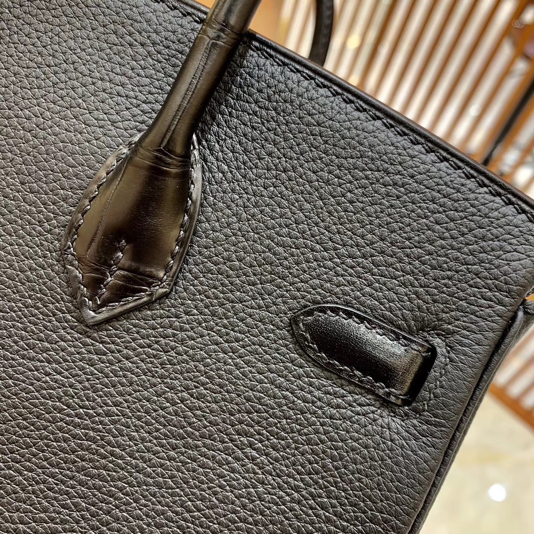 Hermès（爱马仕）Birkin Touch 铂金包 经典黑 拼 祖母绿 牛皮拼鳄鱼皮 金扣 25cm