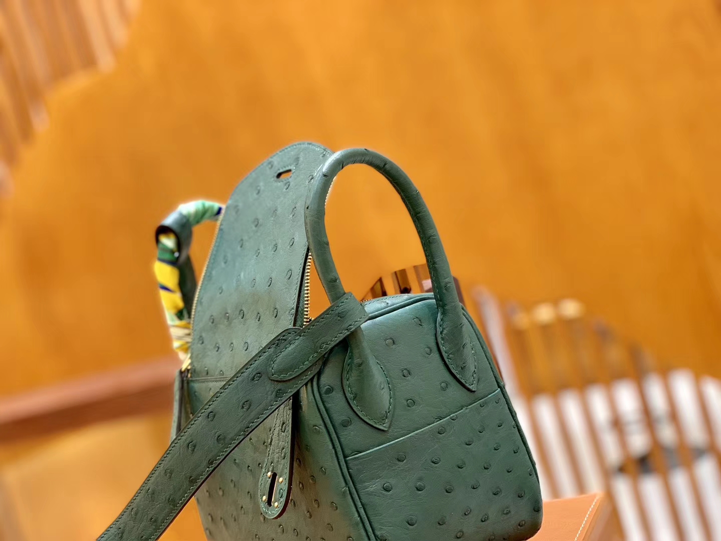 Hermès（爱马仕）Mini Lindy 18cm 孔雀绿 金扣 南非鸵鸟皮 全手工缝制