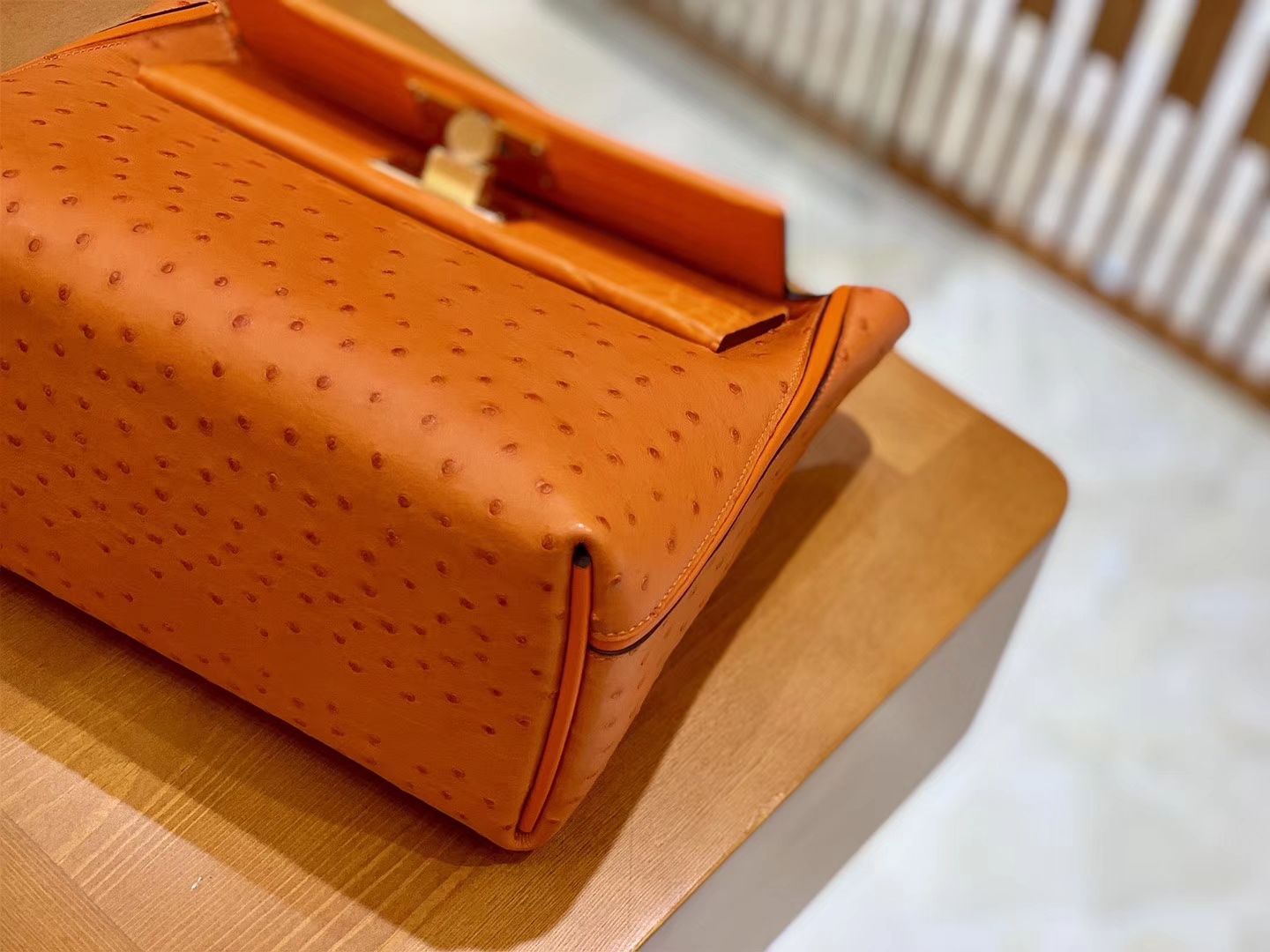 Hermès（爱马仕）Kelly-2424 橙色 鸵鸟皮拼鳄鱼皮 顶级手缝 金扣 29cm