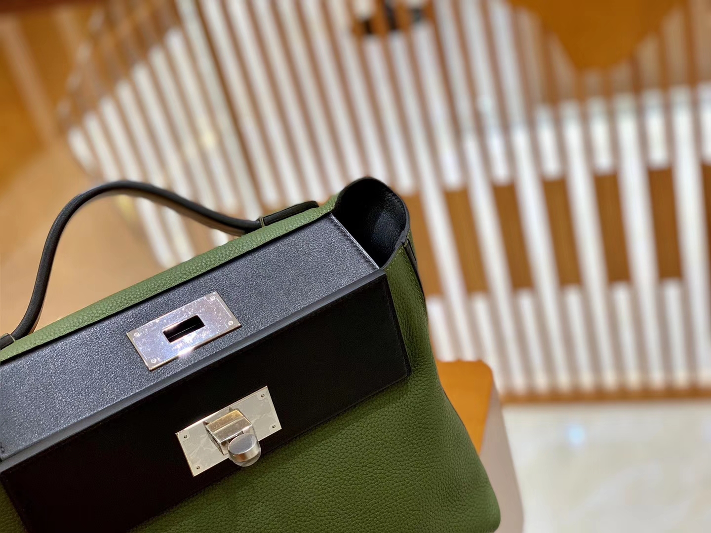 Hermès（爱马仕）Kelly-2424 森林绿拼黑色 原厂御用顶级小牛皮拼Swift皮 togo 金扣 29cm