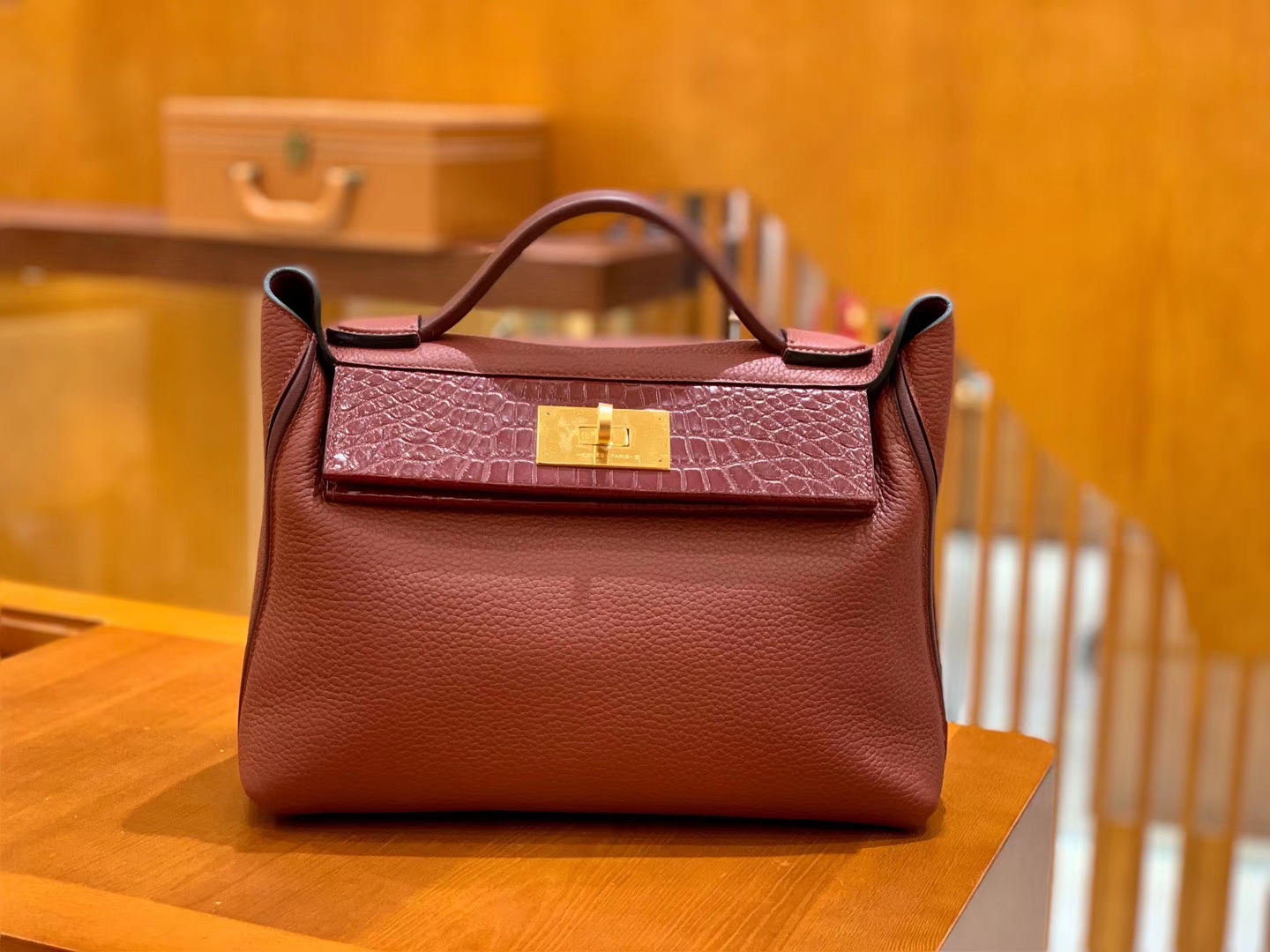 Hermès（爱马仕）Kelly-2424 波尔多酒红 原厂御用顶级小牛皮拼鳄鱼皮 togo 金扣 29cm