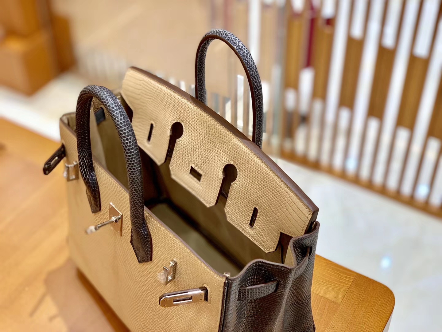 Hermès（爱马仕）Birkin 铂金包 锡器灰拼杏色 南非野生蜥蜴皮 银扣 25cm