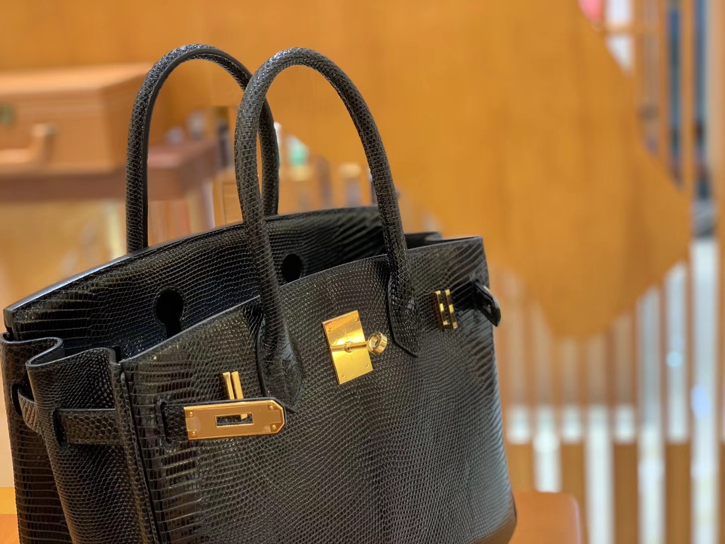 Hermès（爱马仕）Birkin 铂金包 经典黑 南非野生蜥蜴皮 金扣 30cm