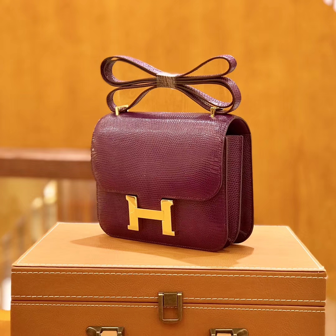 Hermès（爱马仕）Constance 空姐包 南非野生蜥蜴皮 海葵紫 水晶紫 18cm
