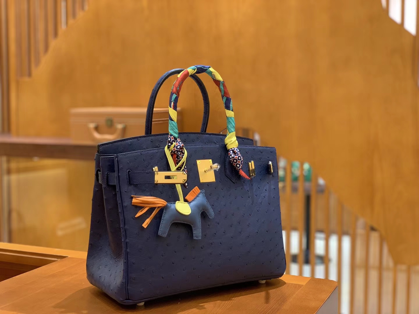 Hermès（爱马仕）Birkin 30 鸵鸟皮 深海蓝 金扣 全手工缝制