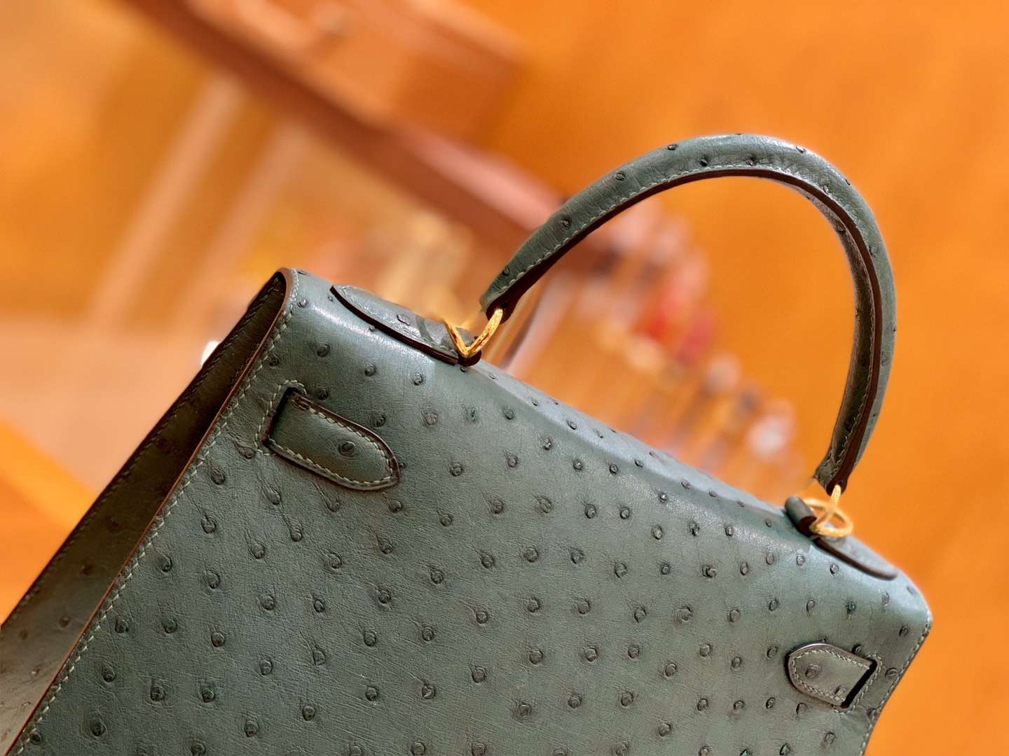 Hermès（爱马仕）Kelly 28cm 孔雀绿 金扣 南非进口 鸵鸟皮 全手工缝制