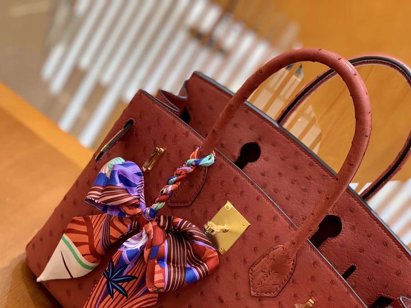 Hermès（爱马仕）Birkin 30 鸵鸟皮  枣红色 金扣 全手工缝制