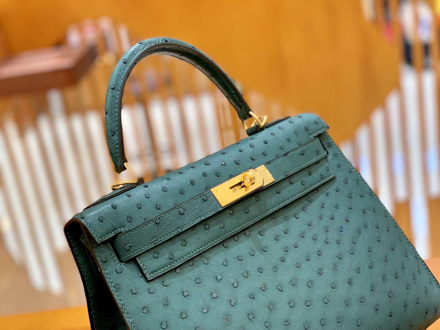 Hermès（爱马仕）Kelly 28cm 孔雀绿 金扣 南非进口 鸵鸟皮 全手工缝制