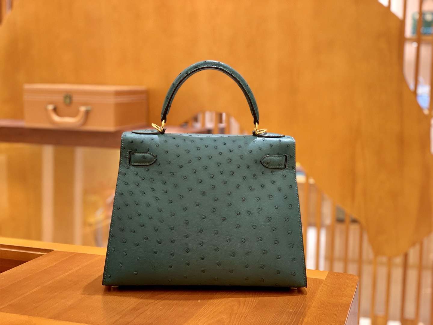 Hermès（爱马仕）Kelly 28cm 孔雀绿 金扣 南非进口 鸵鸟皮 全手工缝制