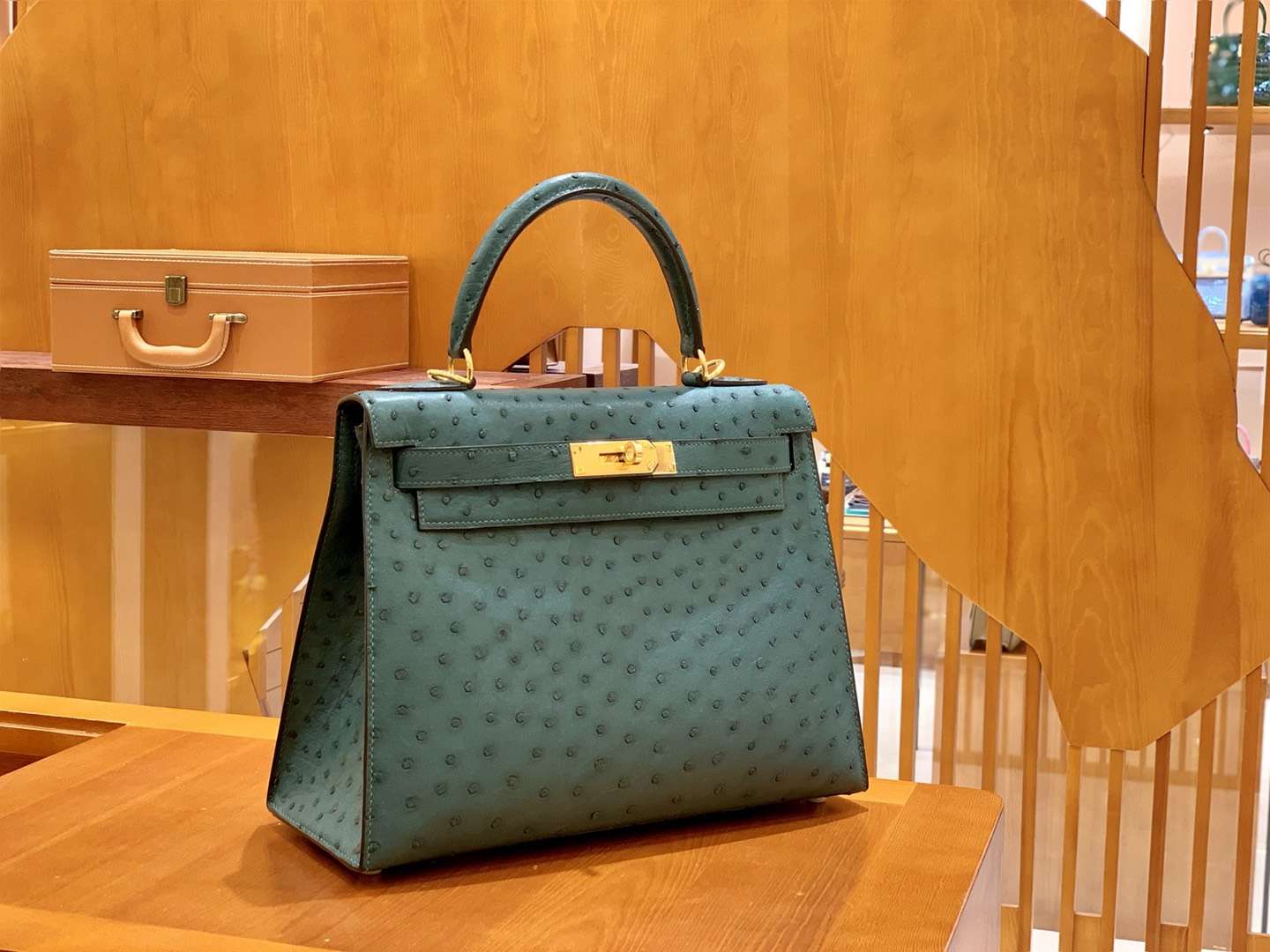 Hermès（爱马仕）Kelly 28cm 孔雀绿 金扣 南非进口 鸵鸟皮 全手工缝制