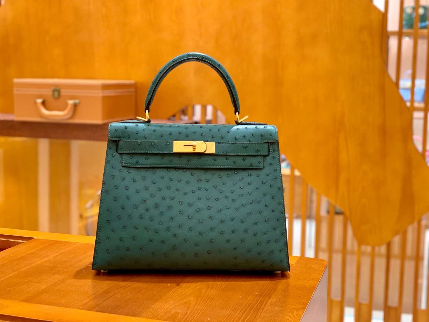 Hermès（爱马仕）Kelly 28cm 孔雀绿 金扣 南非进口 鸵鸟皮 全手工缝制