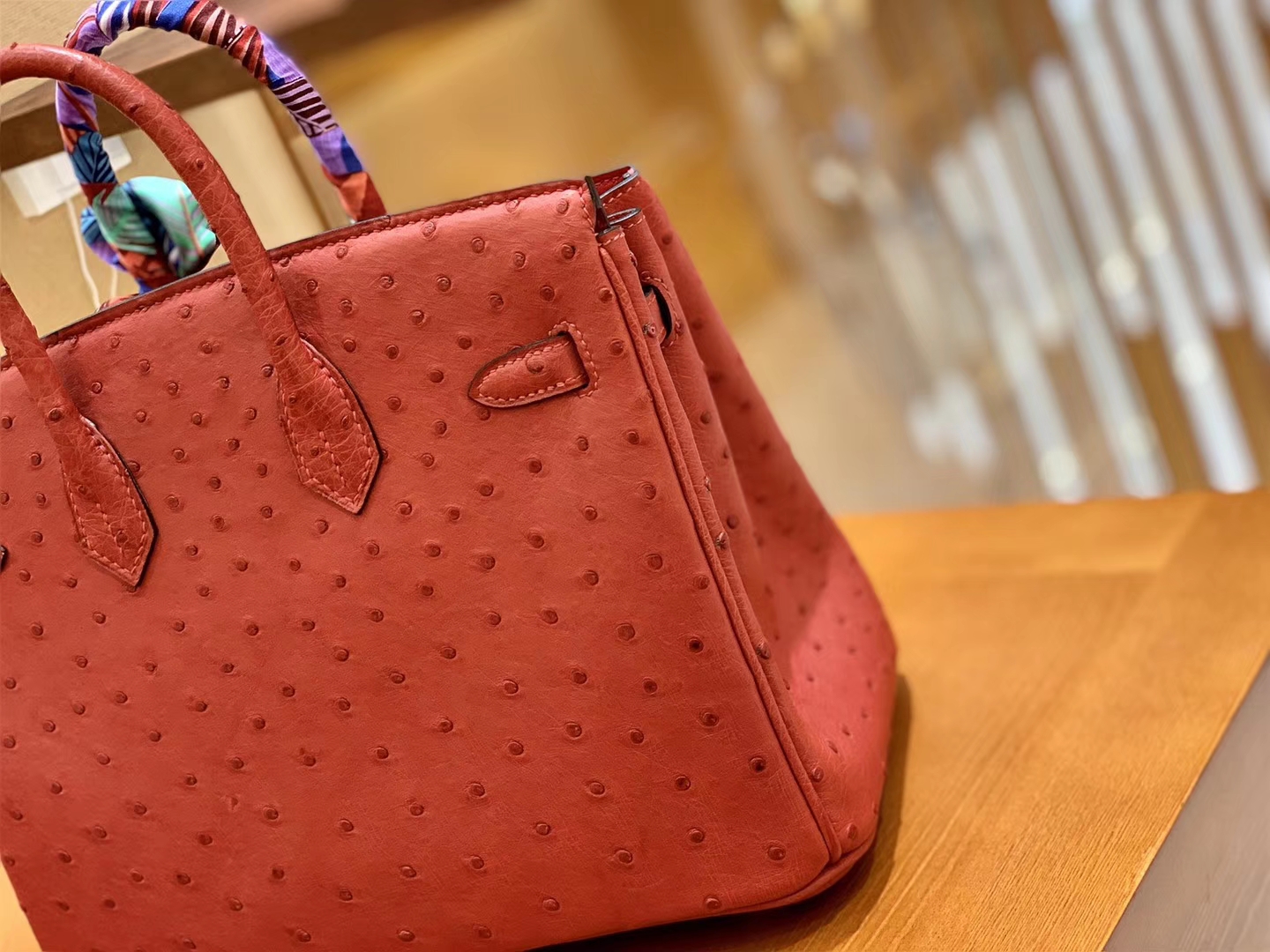 Hermès（爱马仕）Birkin 30 鸵鸟皮  中国红 金扣 全手工缝制