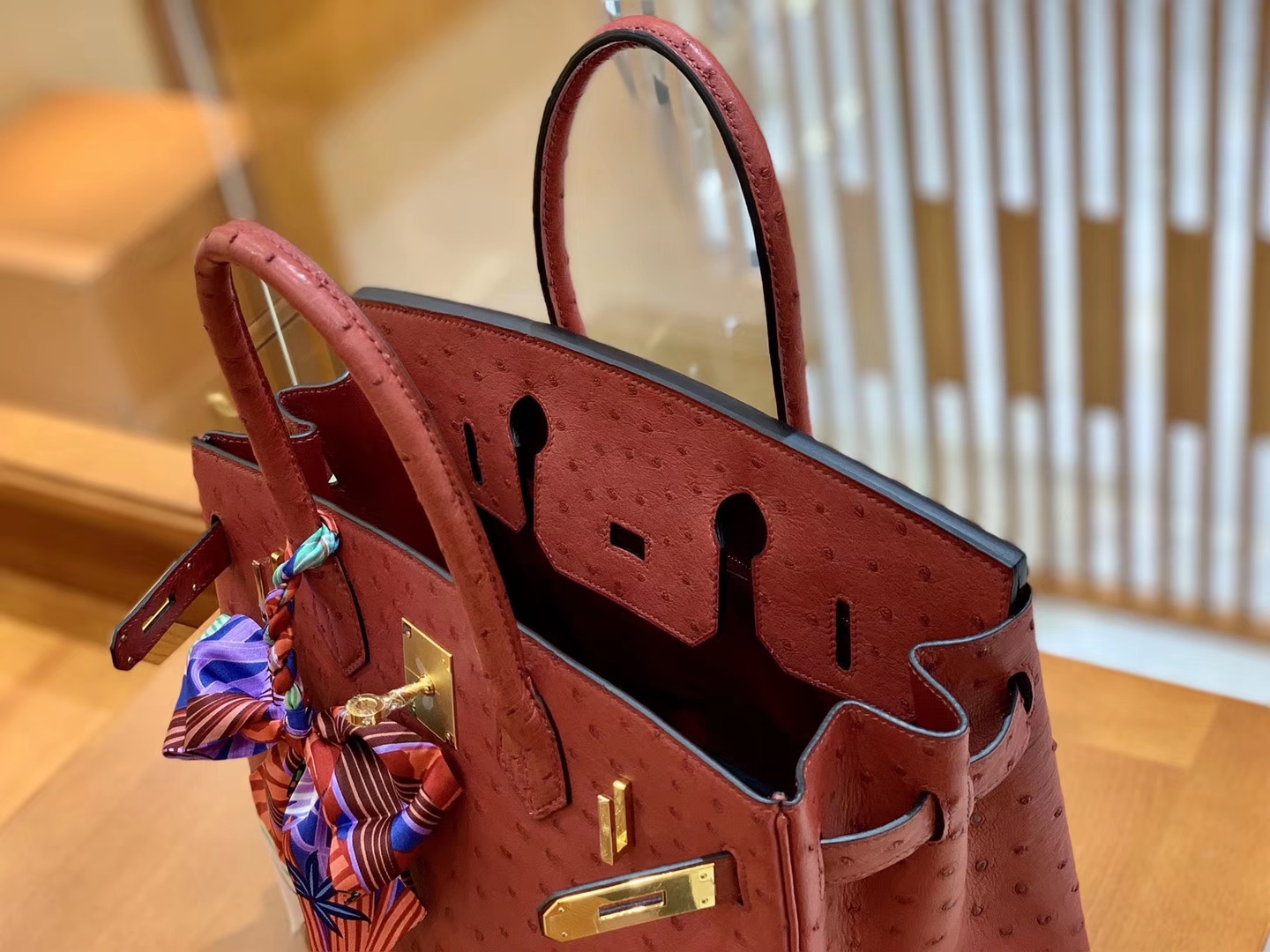 Hermès（爱马仕）Birkin 30 鸵鸟皮  枣红色 金扣 全手工缝制