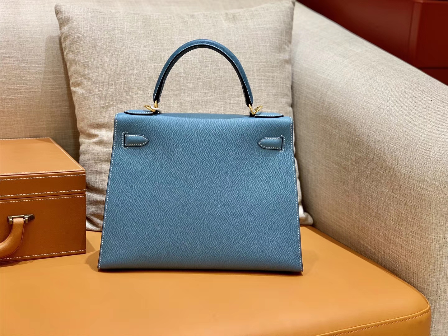 Hermès（爱马仕）Kelly 凯莉包 德国掌纹牛皮 牛仔蓝 鳄鱼皮工序高订版本 28cm
