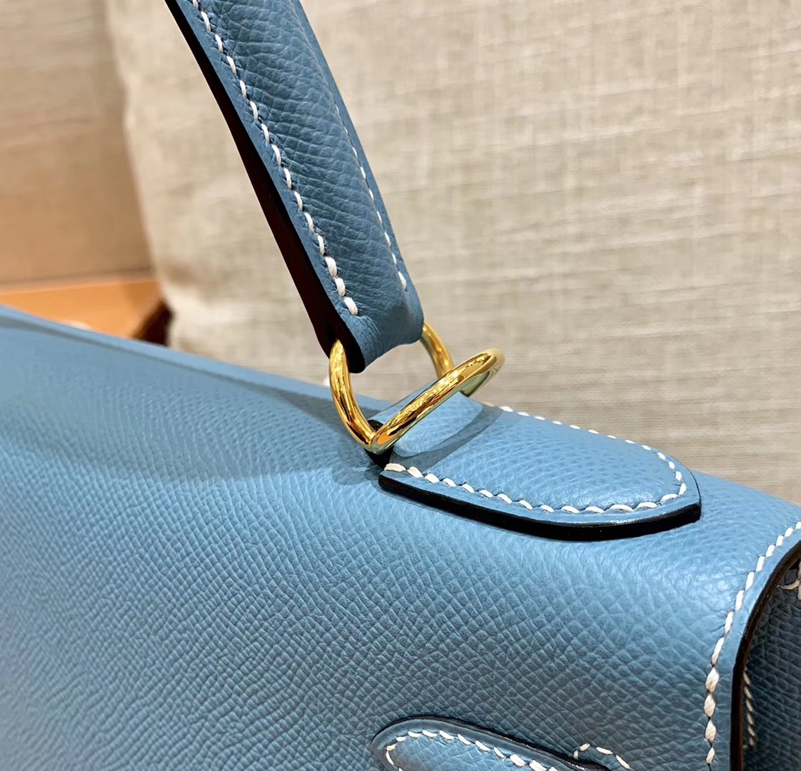 Hermès（爱马仕）Kelly 凯莉包 德国掌纹牛皮 牛仔蓝 鳄鱼皮工序高订版本 28cm