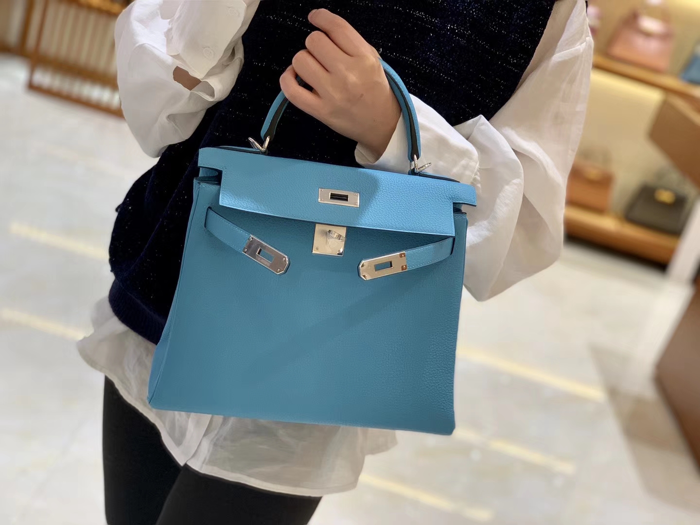 Hermès（爱马仕）Kelly 凯莉包 北方蓝 小牛皮 银扣 28cm