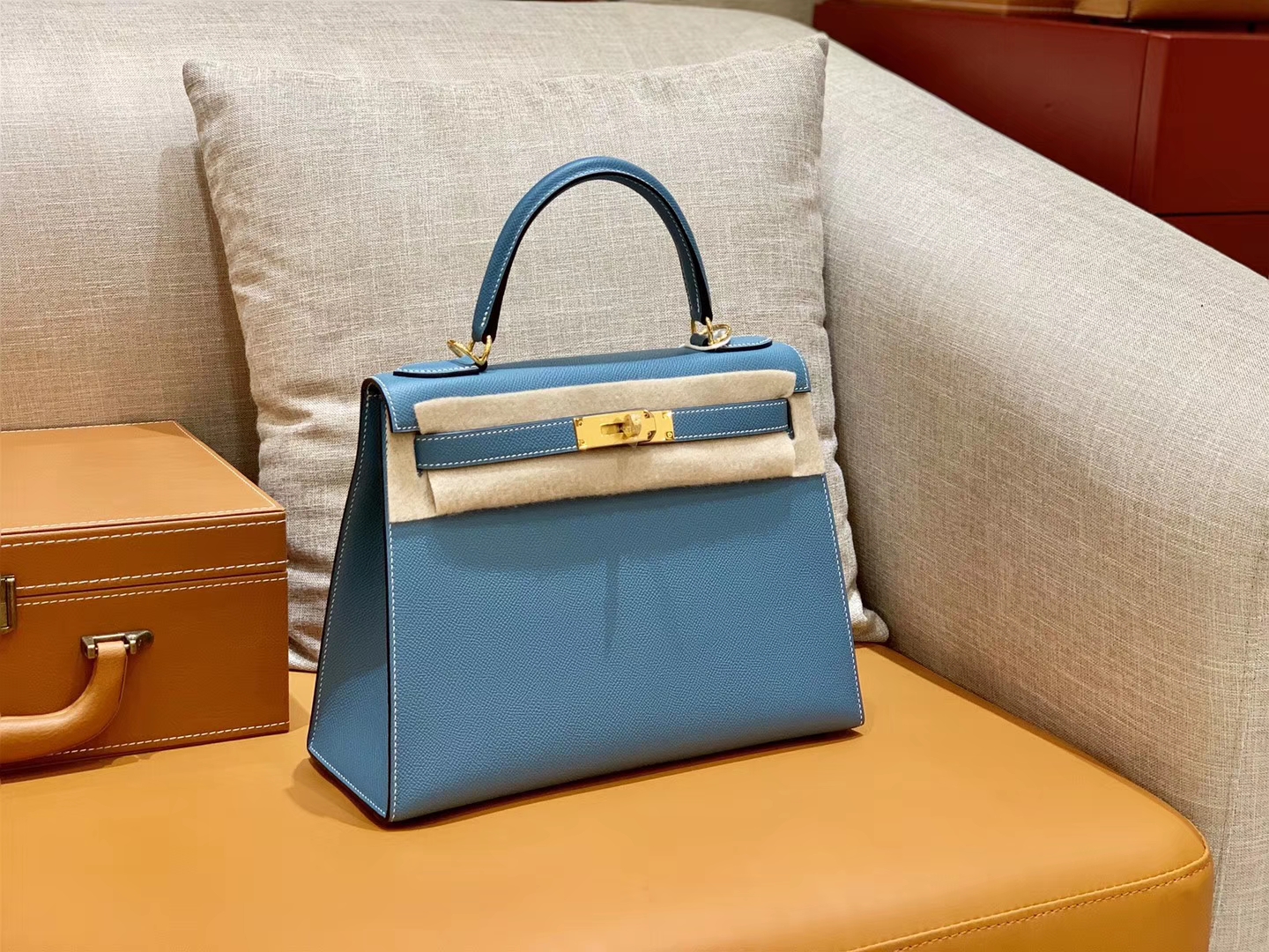 Hermès（爱马仕）Kelly 凯莉包 德国掌纹牛皮 牛仔蓝 鳄鱼皮工序高订版本 28cm