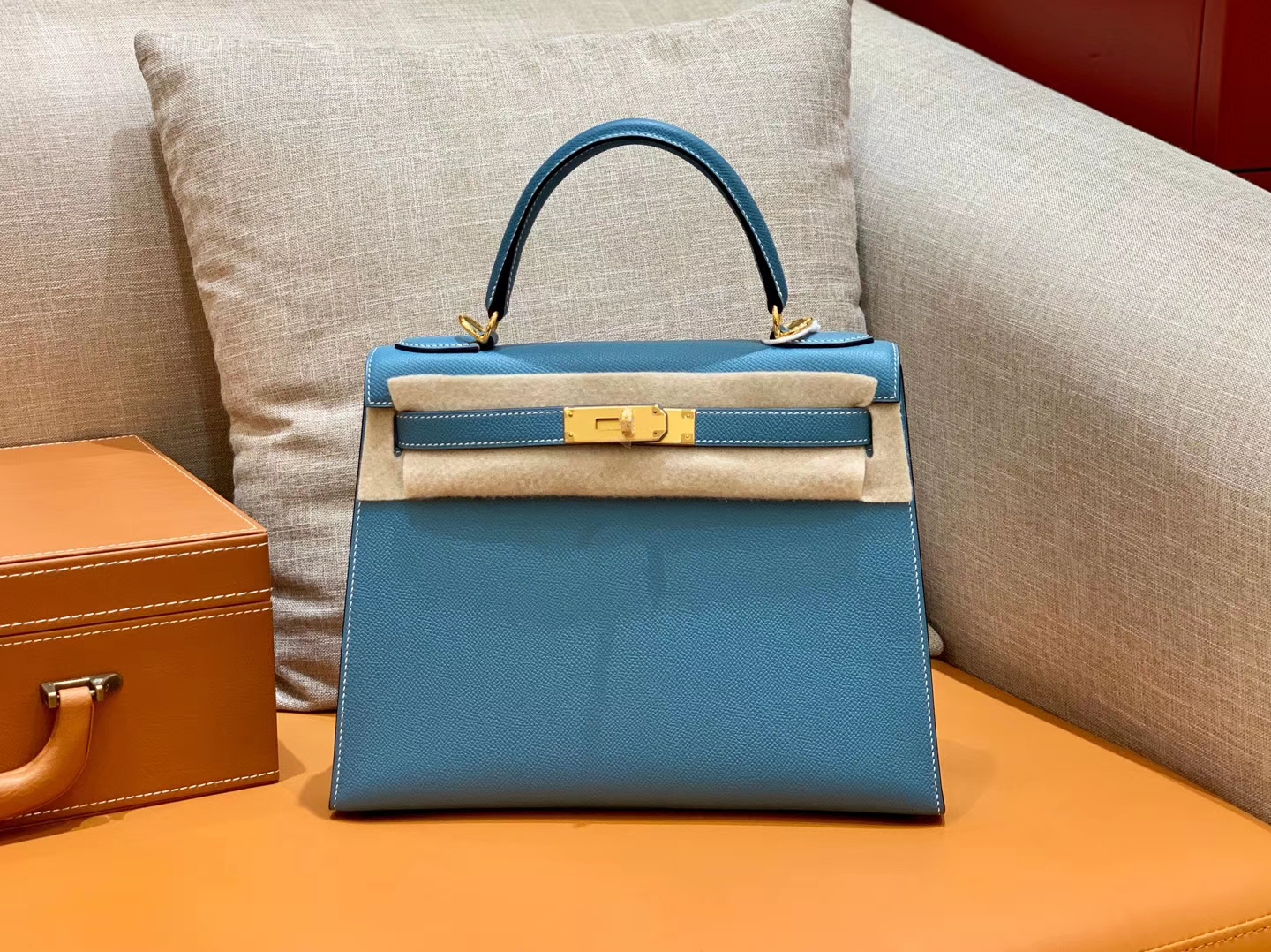 Hermès（爱马仕）Kelly 凯莉包 德国掌纹牛皮 牛仔蓝 鳄鱼皮工序高订版本 28cm