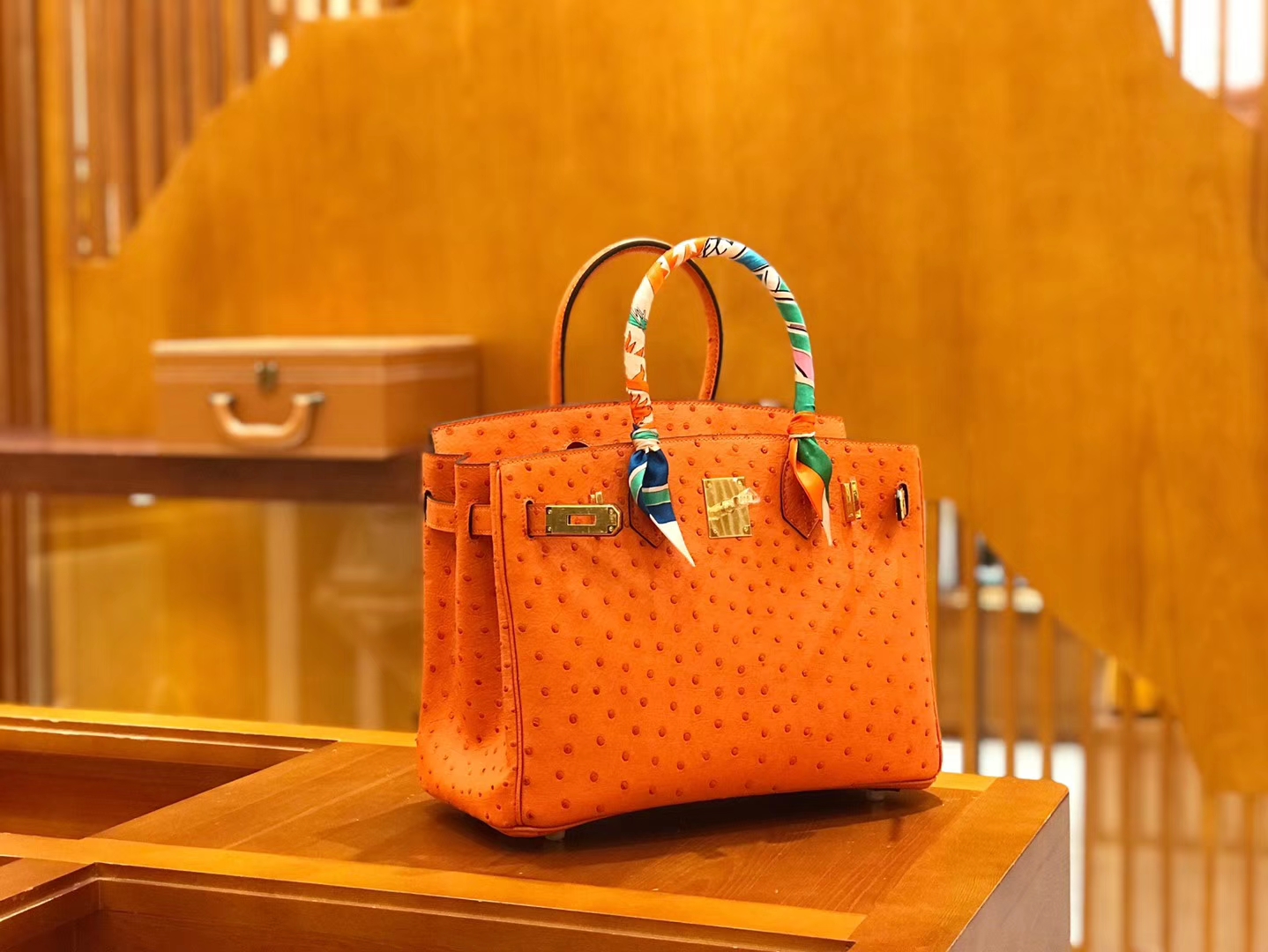 Hermès（爱马仕）Birkin 30cm 经典橙 鸵鸟皮 全手工缝制